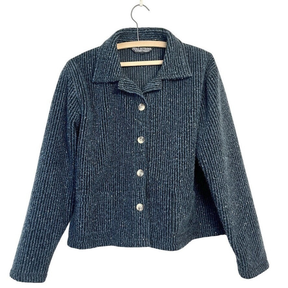 VTG PURE OUTDOOR Blue Black texure woolly pile button up Jacket Large Chenille